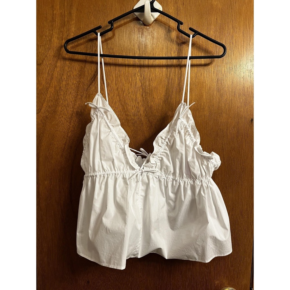 Zara Tank Top Womens Medium White Ruffle V Neck Camisole Tie Strap Cotton Peplum
